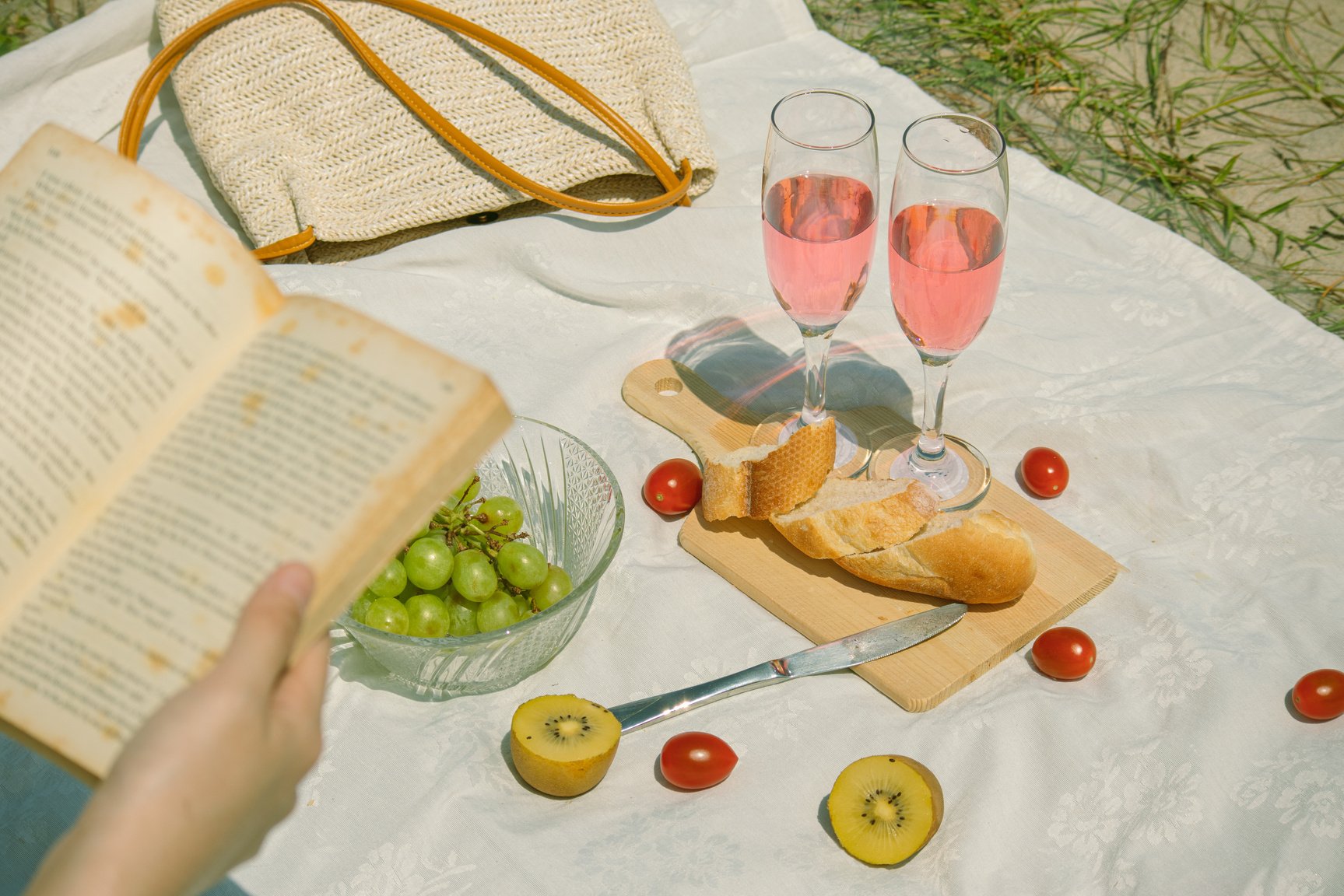 Food and Drinks on Picnic Blanket